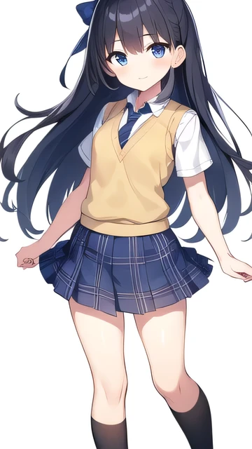 1girl, solo, skirt, simple background, white background, bow, school uniform, blue hair, standing, full body, necktie, socks, plaid, kneehighs, plaid skirt, white socks, sweater vest