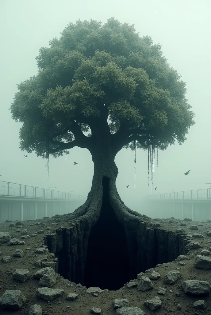 A symbolic image of a family tree made of stone, with the branches representing three generations. The tree is crumbling and breaking apart, with pieces falling into a dark abyss below, symbolizing the destruction of the family due to the policy. In the background, a labor camp can be faintly seen