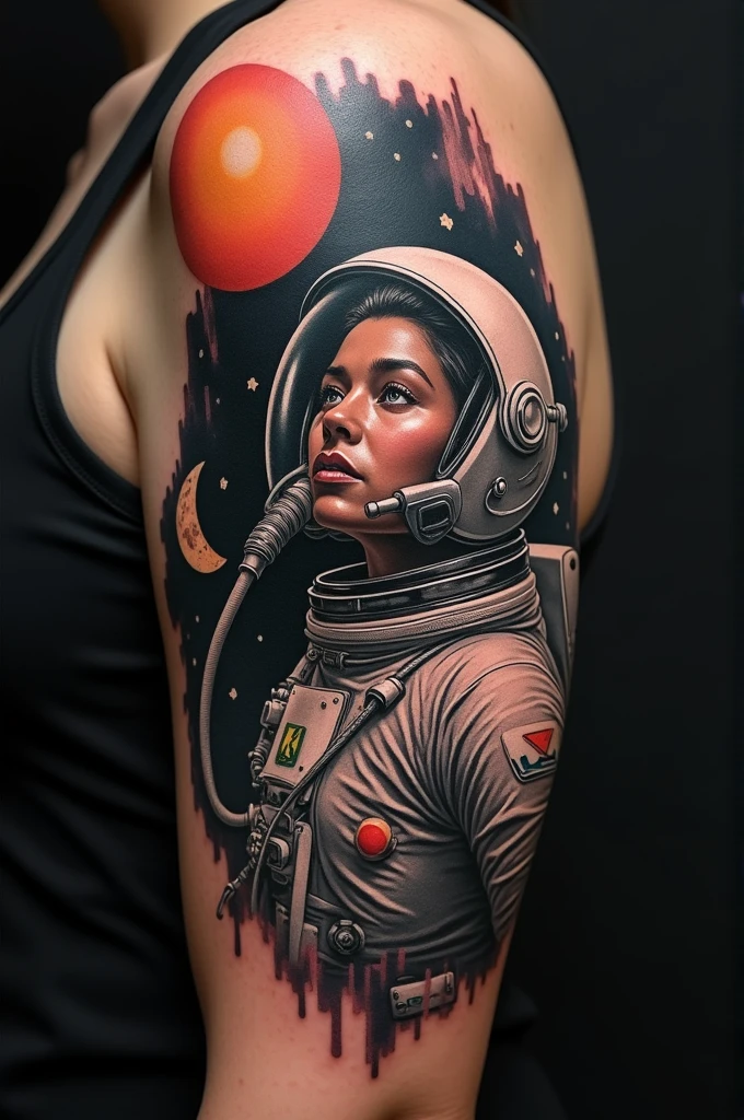 A tattoo of an astronaut where the oxygen tube exits the helmet as if it were an umbilical cord. To the astronaut's right is a sun and to the left a moon