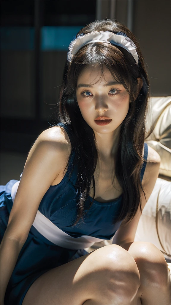 Best quality, masterpiece, ultra high res, (photorealistic:1.4), raw photo,1girl, solo, realistic, (looking at viewer:1.2), full body image, wearing a skimpy french maid outfit, reclining on the sofa face down, tanned skin, oily skin, wet hair, parts, blue eyes, gothic makeup, floating particles, retroiluminación masterpiece))), (((masterpiece))), ((top quality)), ((Best Quality)), ((Of the highest quality)), ((maximum fidelity)), ((highest resolution)), ((High resolution)), ((more detail)), ((Very detailed)), ((hyperdetailed)), (((Details improvement))), ((Deeply detailed)), imposing, Amazing, High Definition, HdR, FHigh Definition, 8k, 16k, 32K, k, meticulous, Intricate, intimate, nuanced, (((The most beautiful images that exist))), (((the most beautiful work of art in the world))), (raw photo, film grain), Caustics, Subsoil Dispersion, reflections, photorealistic, 35mm, , Natural skin texture, hyperrealism, sharp,