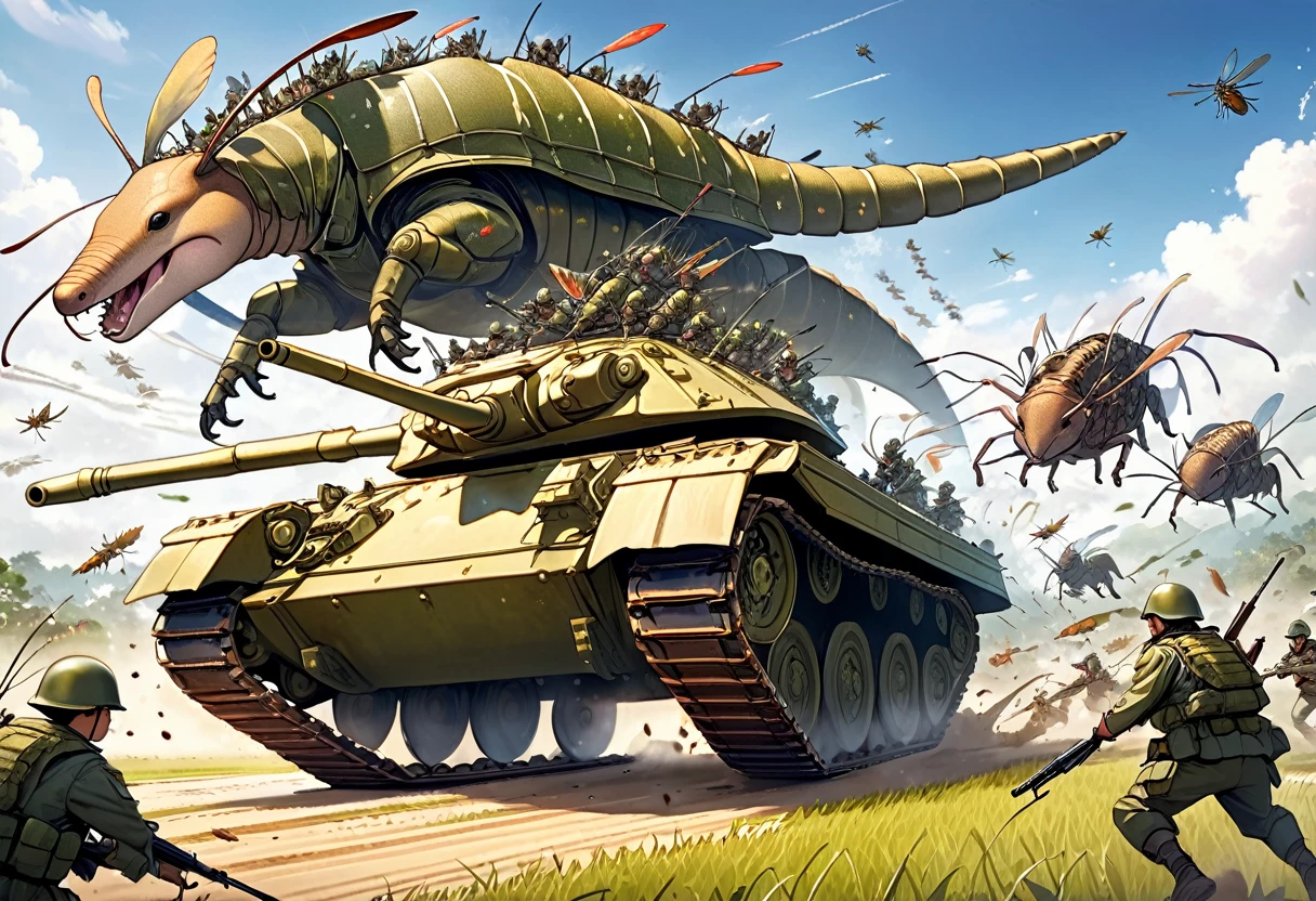 Giant Armadillo Tank、 A group of soldiers riding locusts attacking a tank, The soldiers riding grasshoppers will attack from the air.、Detailed and dynamic, Fantasy Art