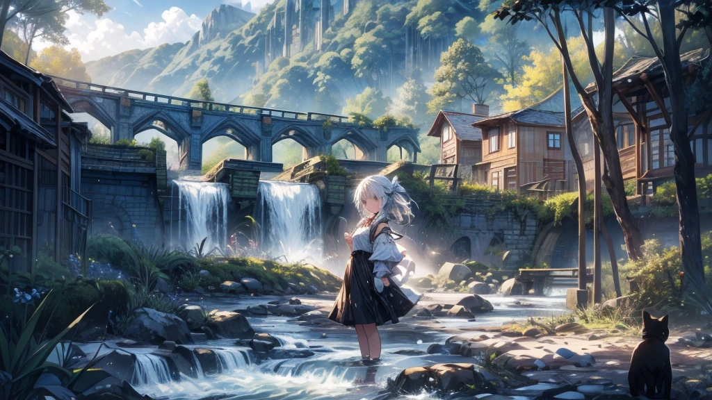 A girl is looking up at the sky by the river.
Behind her is a water mill made of white bricks.
There is a meadow and a mountain stream running through it.
A black cat is sleeping at the girl's feet.