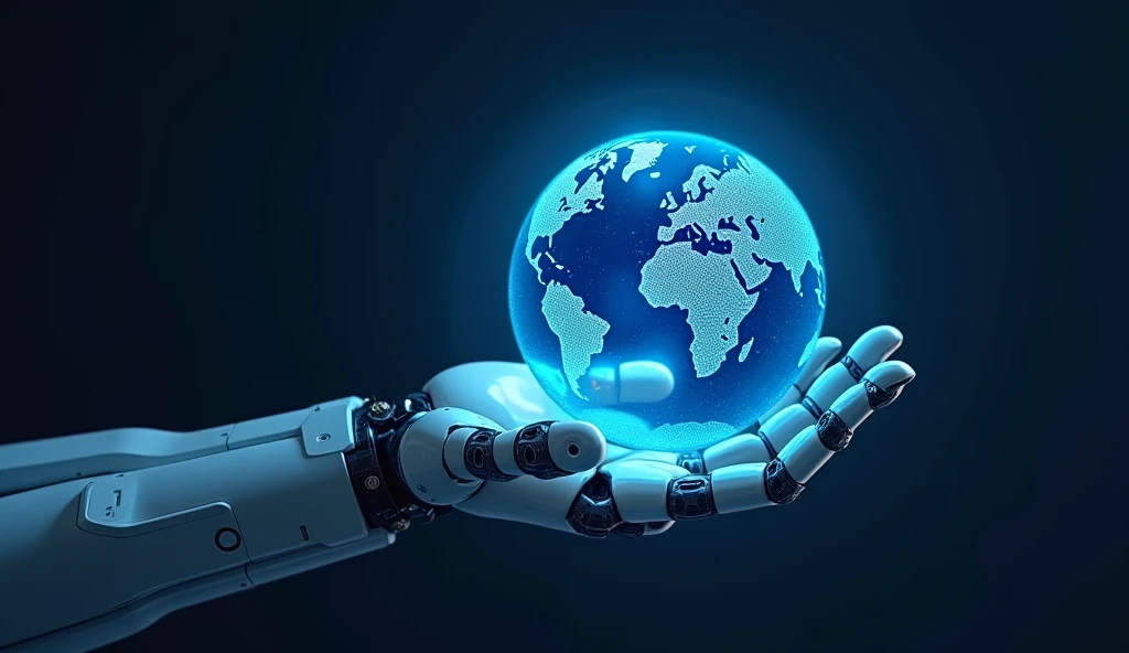 A detailed illustration of a robotic hand holding a glowing blue holographic globe, symbolizing global technology and connectivity
