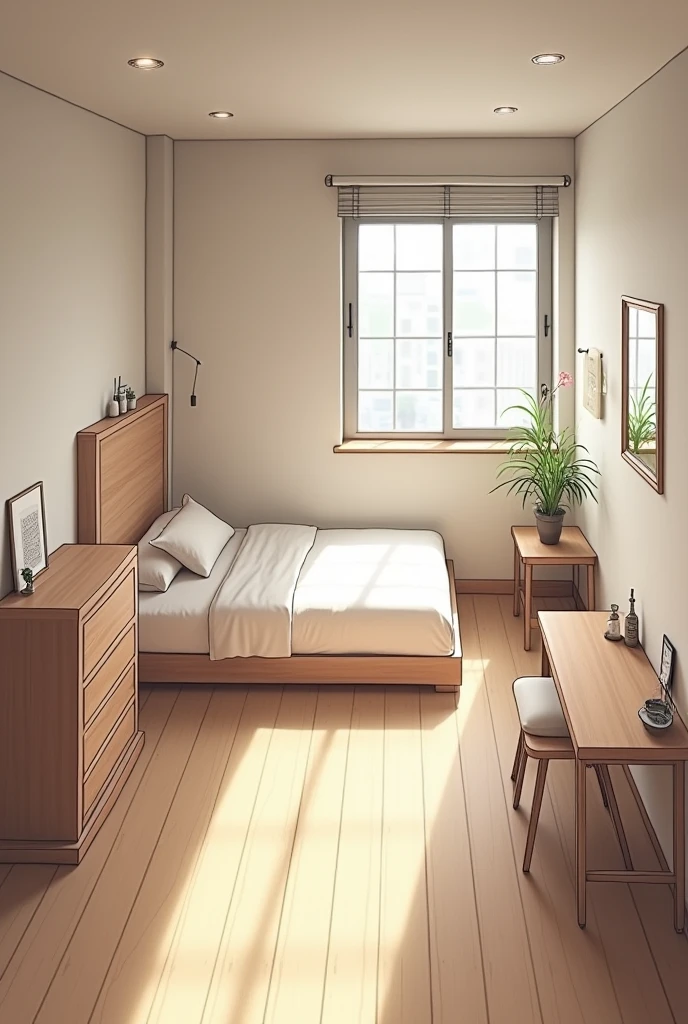 organize a room that is 4 meters long and 1 and a half meters wide if I have a 1 meter closet, a one meter dressing table, a 1 meter 40 centimeter bed and a 1 meter table, also on a 1 meter wall and I half have a large window of almost one meter. Create an image