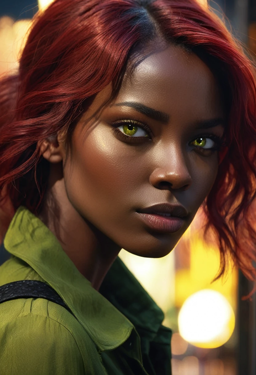 1 woman, inside a city at night, wearing a moss green blouse, female yellow eyes, dark black skin, detailed black skin, RED HAIR, RED HAIR, long choppy red hair, dramatic lighting, cinematic composition, dark palette, dark colors, atmospheric haze, thin chin, soft face, serious face, beautiful woman, adult woman, ultra realistic, adult woman, (best quality, 4K, 8K, high resolution, art: 1.2), ultra detailed (realistic, photorealistic, photorealistic: 1.37)