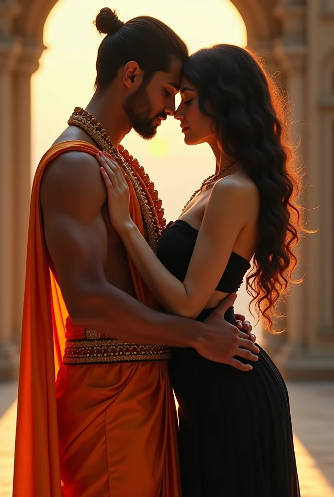 Generate and image in which a 20 year indian hindu  boy with who  wears orange hindu religious outfit, which explicitly looking hindu and religious ,bright skin , muscular  body is standing with his muslim girlfriend in a very romantic posi ,girl should look like pure muslim and religious girl wearing black and girls hips and breast are big which is trying to come out from the cloths girls has very sexy and less clothes 