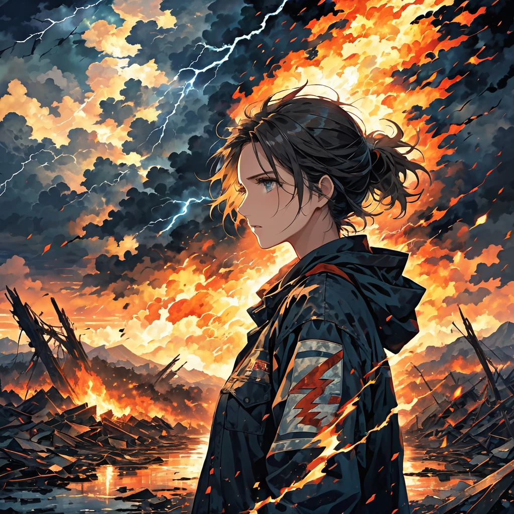 A dramatic and emotional image depicting a scene of heartbreak and resilience. The background shows a stormy sky with lightning, symbolizing emotional turmoil. In the foreground, a person stands strong amidst the chaos, their eyes filled with determination and an electric fire, representing their resolve to rise from the ashes. Shattered dreams and memories are symbolized by torn pictures and a fading flame. The overall atmosphere conveys a sense of breaking free and starting anew, with elements of both vulnerability and strength