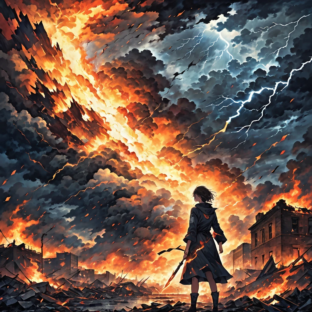 A dramatic and emotional image depicting a scene of heartbreak and resilience. The background shows a stormy sky with lightning, symbolizing emotional turmoil. In the foreground, a person stands strong amidst the chaos, their eyes filled with determination and an electric fire, representing their resolve to rise from the ashes. Shattered dreams and memories are symbolized by torn pictures and a fading flame. The overall atmosphere conveys a sense of breaking free and starting anew, with elements of both vulnerability and strength