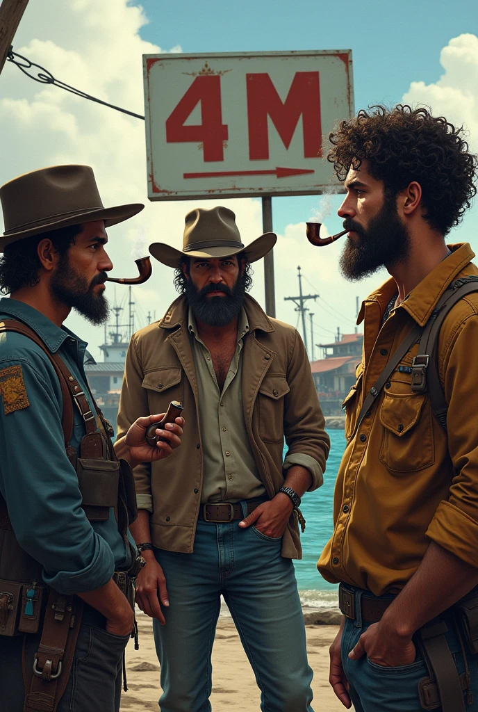 Create 3 fishermen, 2 curly black haired twins smoking tobacco, e um cowboy alto . detail, make a sign saying 4M