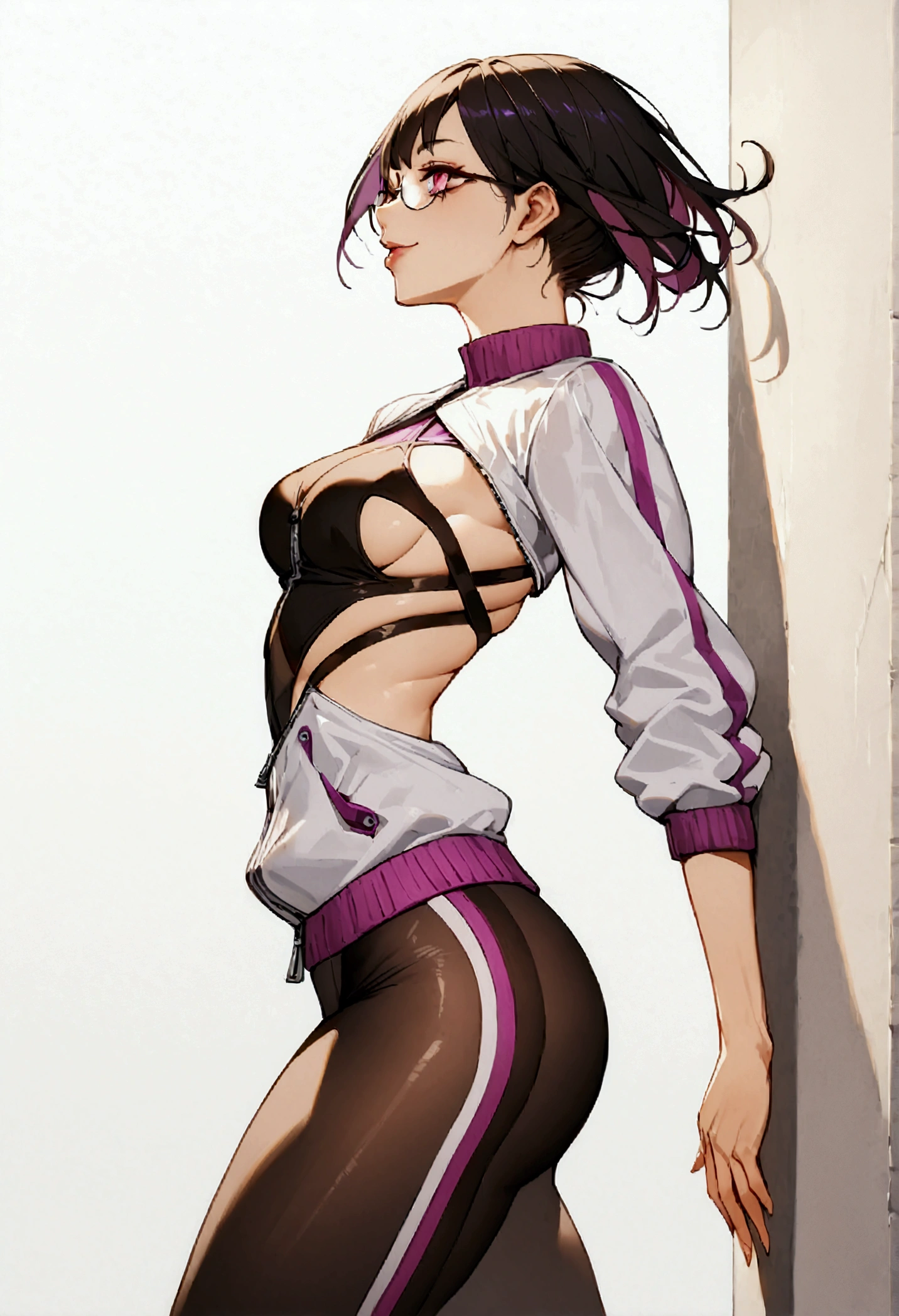 standing,alone,leaning against a wall,short hair,work of art,face detailed,beautiful young fitness woman with , in a gym wearing May with black pantyhose, white and purple tight short gym jacket. standing alone,red eyes glowing,Evil smile,legging preto ,labiaa,dark eye shadow,shining eyes,a hand leaning against the wall,neckleace,jacket zipper half open,Tight black shirt,white sports tennis shoes,short hair with purple details,beautiful curves,whole body,hair with purple details,labiaa,detailed face and eyes,work of art,sexy look,pefil from sideways,from sideways,wind in your hair,fully body,glasses on eyes