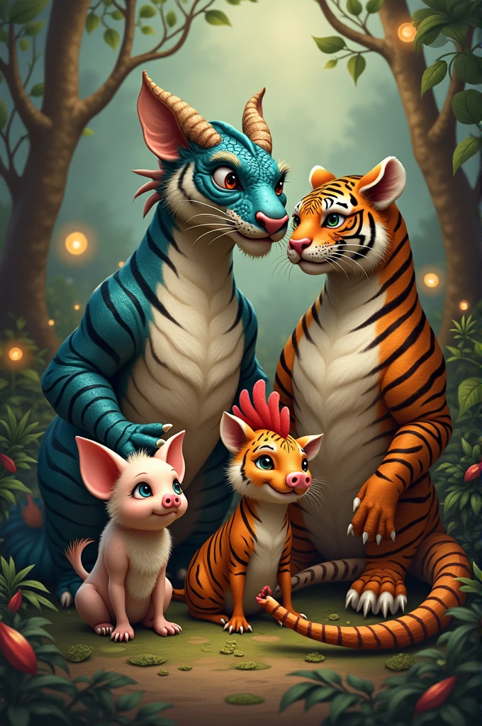 Daddy is dragon
Mommy is tiger 
Son is pig
Son is chicken
Girl is snake 
They are family