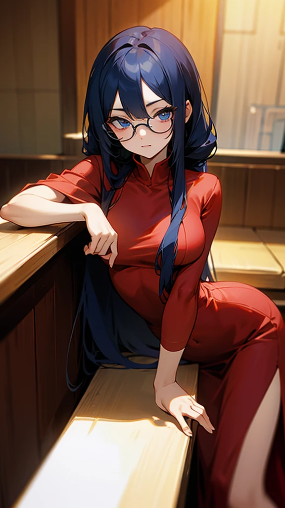 An adult anime character, hair long black, blue colored eyes, Rectangular red glasses, Wearing a red dress,From Red Jump,In a sexy pose sitting on a bar table 