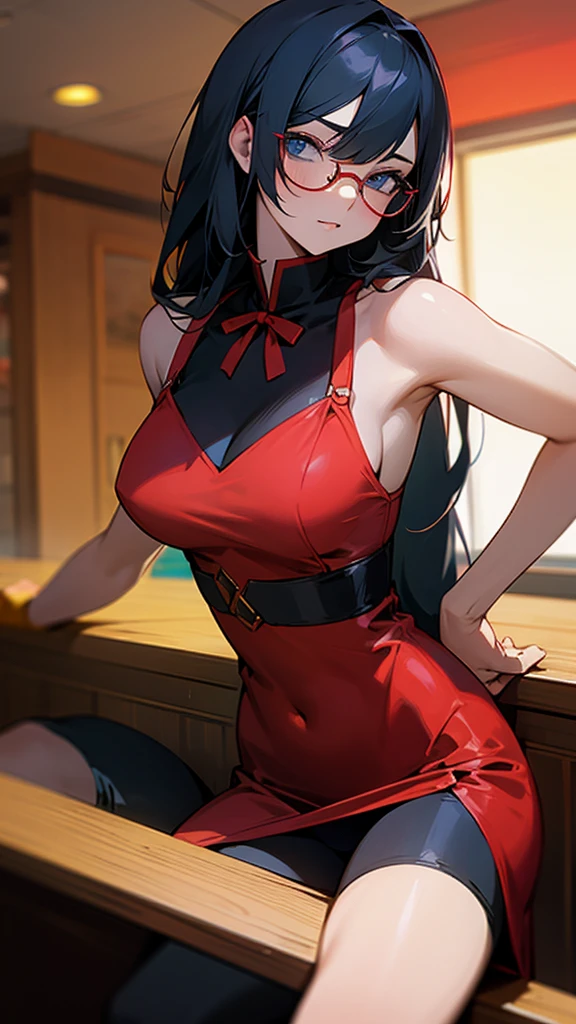 An adult anime character, hair long black, blue colored eyes, Rectangular red glasses, Wearing a red dress,From Red Jump,In a sexy pose sitting on a bar table
