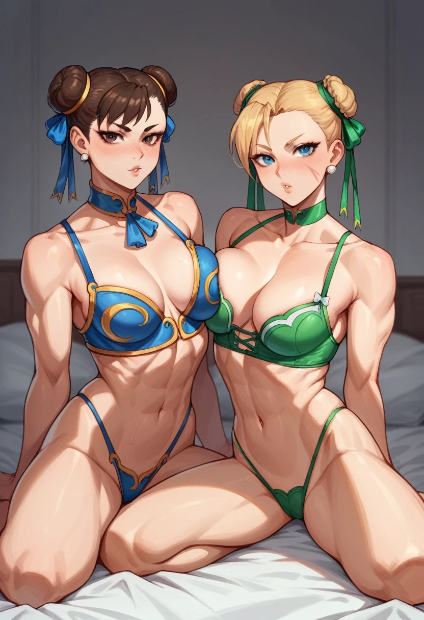 Chun li from Street Fighter, dressed in tiny Cammy costume, thong, lingerie, in a Girls bedroom, sensual pose, seductive, sexy, nsfw