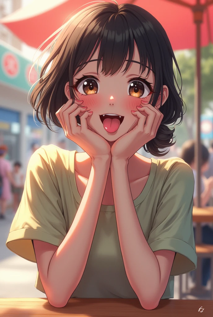 (18-year-old)(Japanese women)(cute)(Thin legs)(Rolling their eyes)(Oval face)(Sticking out tongue)