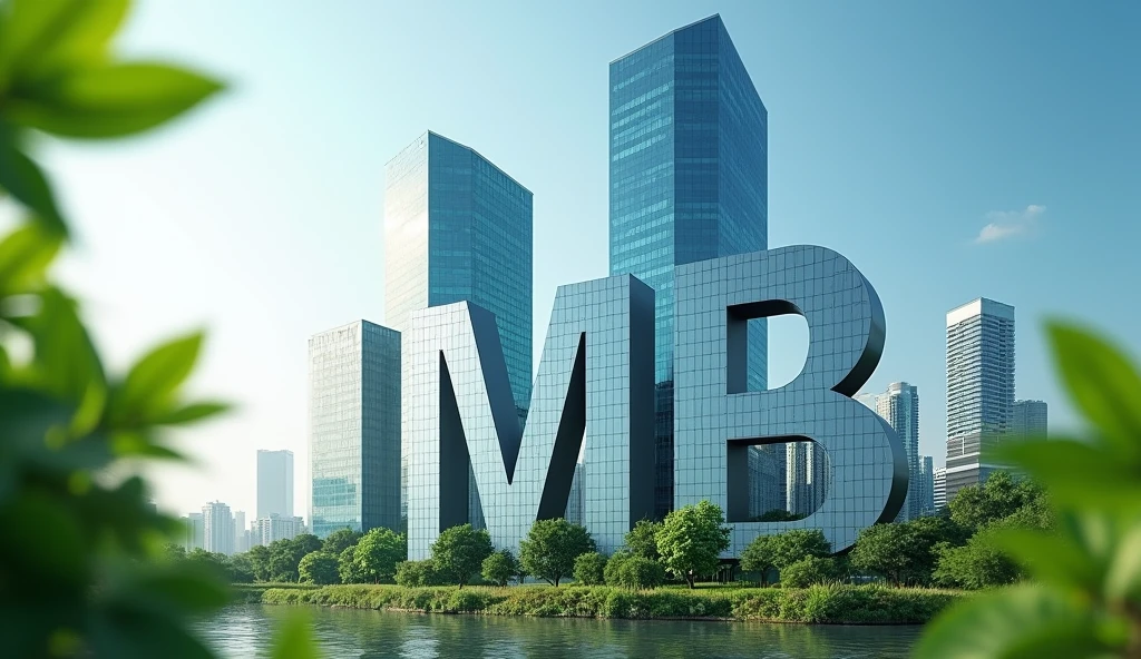 The image shows a huge RMB symbol with towering technology buildings and innovation labs behind it, symbolising the support of the tax cuts for technological development. The background should incorporate some green leaves and blue sky to convey the positive impact of economic development.