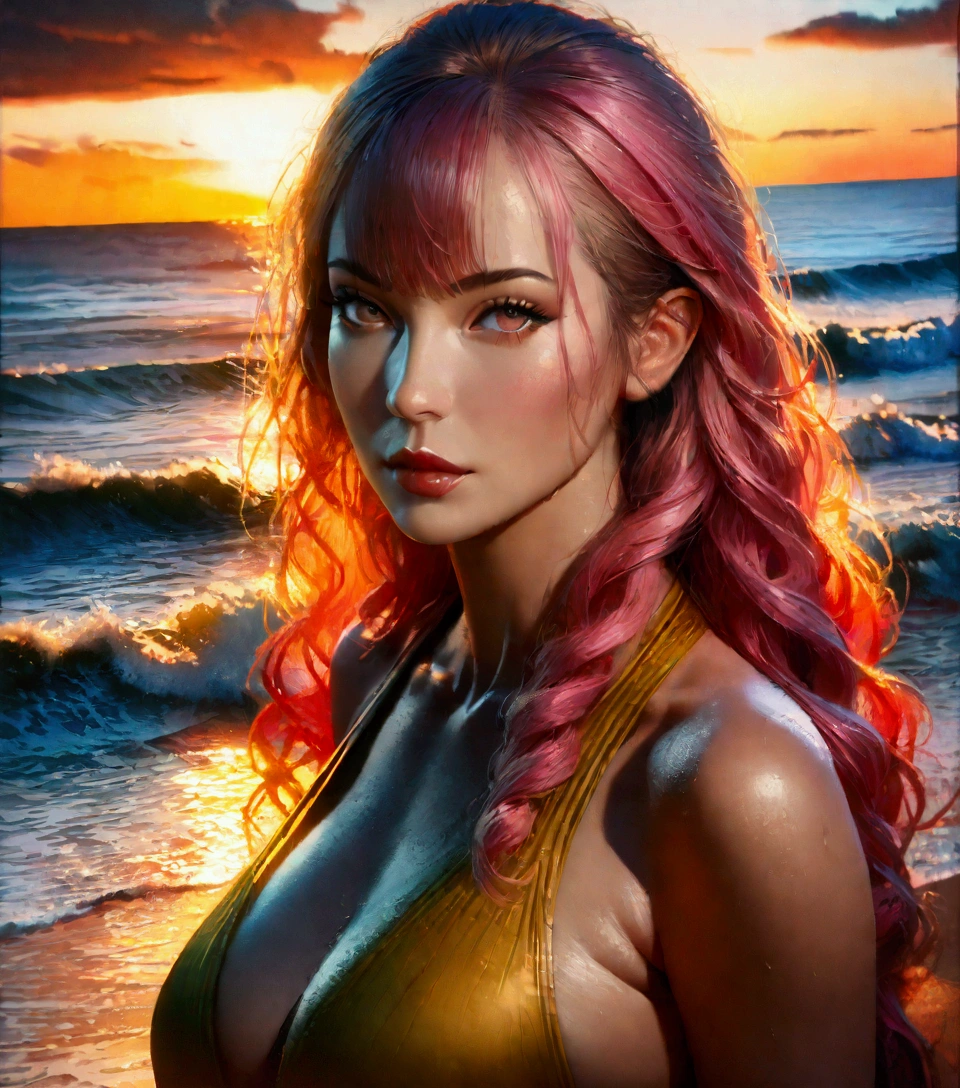mitsuri kanroji, 1girl, demon slayer, beach, sunset, beautiful detailed eyes, beautiful detailed lips, extremely detailed face, long hair, pink hair, swimsuit, sensualgaze, seductive pose, dramatic lighting, colorful sky, ocean waves, golden sand, (best quality,4k,8k,highres,masterpiece:1.2),ultra-detailed,(realistic,photorealistic,photo-realistic:1.37),vivid colors,cinematic lighting