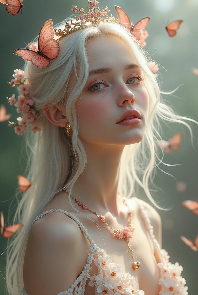 Face of a fairy-like girl, pale, clear hair , flowers around the neck, small breasts showing , delicate crown of a metallic pink color, butterflies around , natural and cozy climate