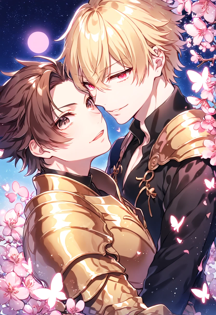 absurdres, highres, ultra detailed, HDR, master piece, best quality, extremely detailed face, delicated features, Gilgamesh, blonde hair, hair slicked up, ruffled hair, expressive red eyes, Fate Extra CCC, Kishinami Hakuno, brown hair, expressive brown eyes, two sexy men together, yaoi, gay couple, handsome, black uniform, golden armor, fantasy, magical, radiant, blossoms, pink flowers, pink butterflies, starry night, shining pink moon, water