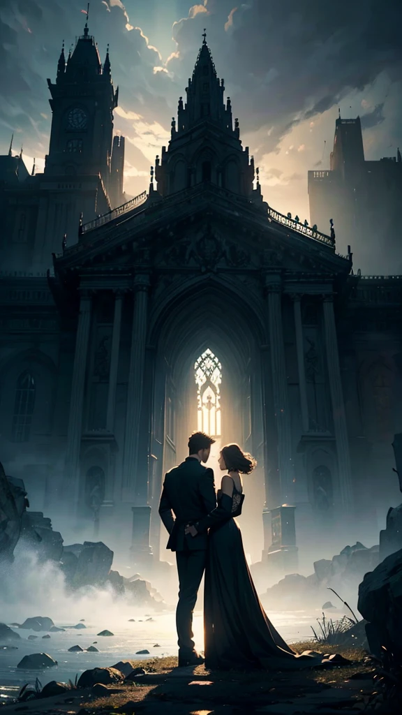 a man and a woman standing back to back, highly detailed, photorealistic, cinematic lighting, dramatic pose, beautiful mysterious atmosphere, intricate details, warm tones, dramatic shadows, high quality, masterpiece