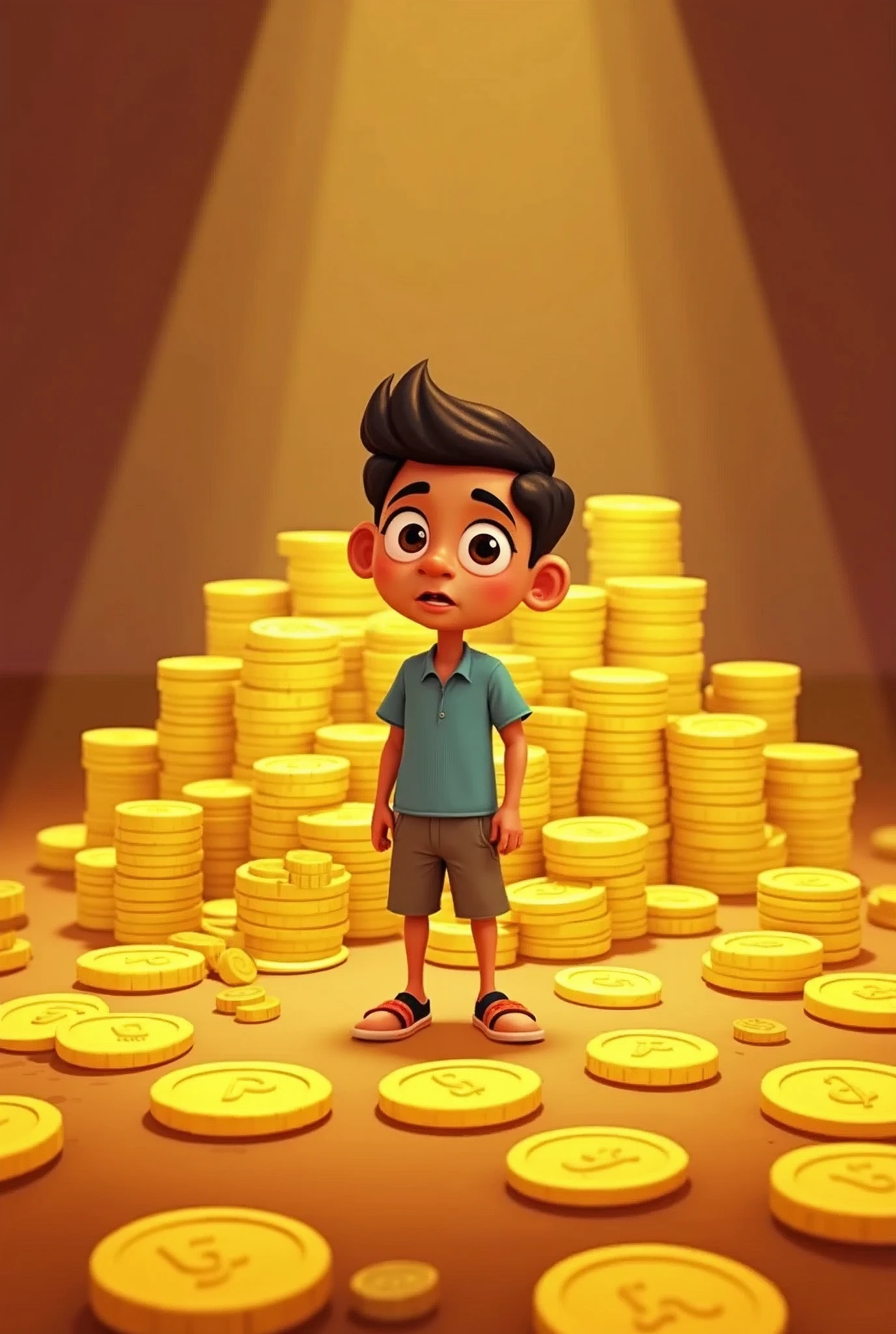a picture of a cartoon of a man standing in front of a bunch of coins, big budget movie scene, with many gold coins, cartoon still, trending on devianart, animation film still, vijay jayant props, 🪔 🎨;🌞🌄, children's cartoon, accurate depiction, by Jitish Kallat, wealth