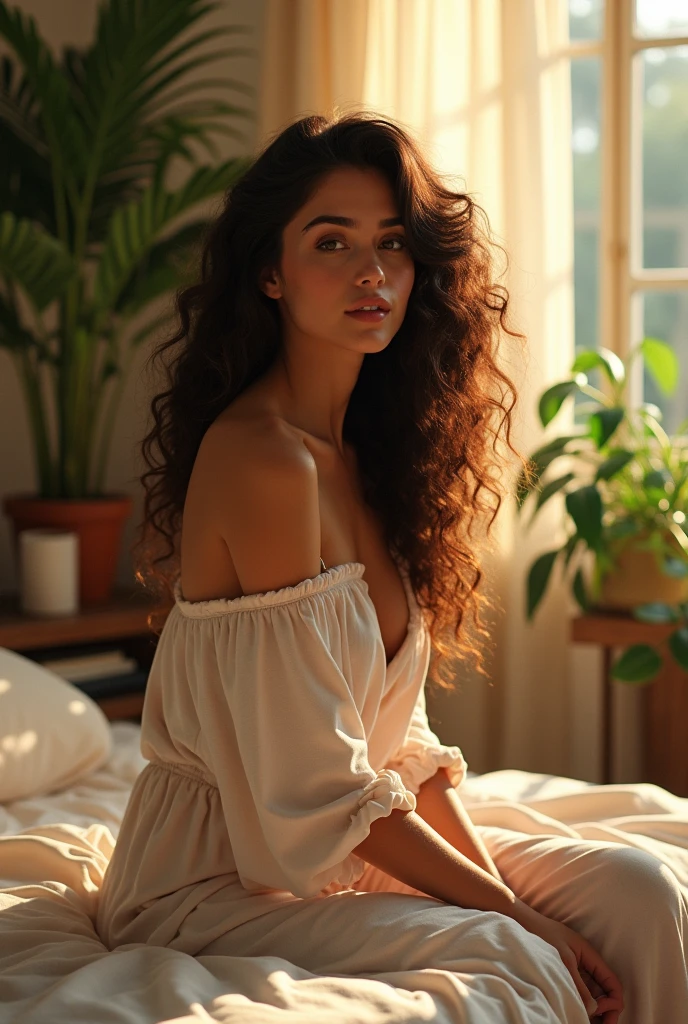 (photorealism:1.2), beautiful woman, sitting on bed, wearing loose off-shoulder top, pajama pants, long curly hair, indoors, soft lighting, plants in background, window with sunlight, cozy room, relaxed pose, realistic, intricate details, warm colors, by Greg Rutkowski, by Alphonse Mucha