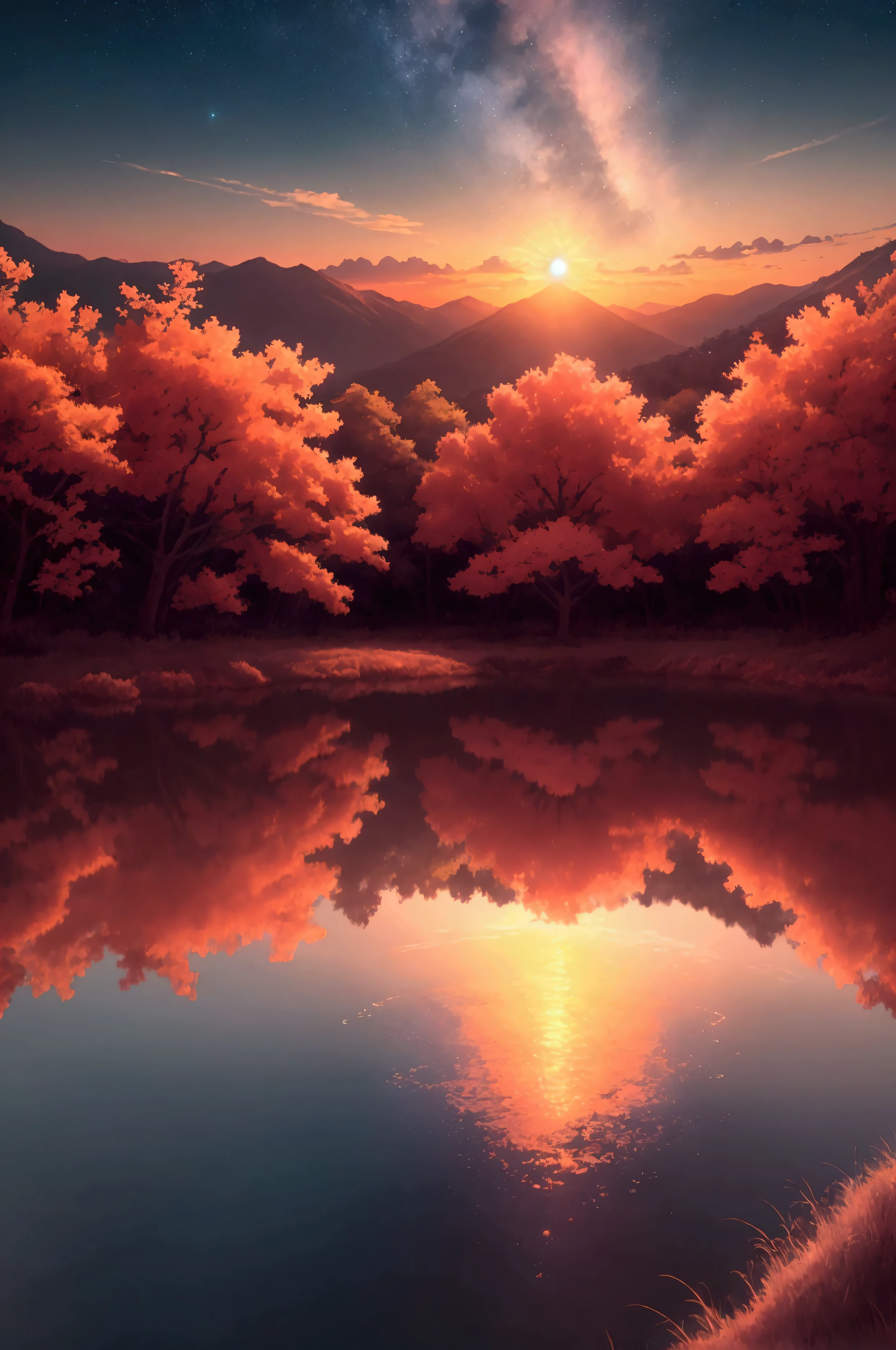 Viral anime nature wallpaper in 4K quality, in the style of photography with a 35mm lens inspired by Makoto Shinkai, capturing a breathtaking sunset over a tranquil lake, the sky painted in hues of orange and pink, with a silhouette of mountains in the background; warm and serene color temperature, cosmos lighting with stars twinkling in the sky, no human characters, the atmosphere is peaceful and reflective