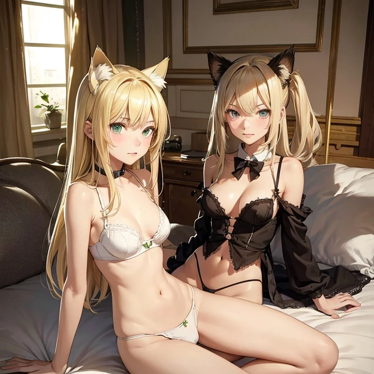 15 year old girl, high, slim, beautiful, tender face blonde hair,green eyes, small breasts, cadera slim definida, long legs, symmetrical, with tiny underwear tightened with strings. One has cat ears and the other girl has dog ears.