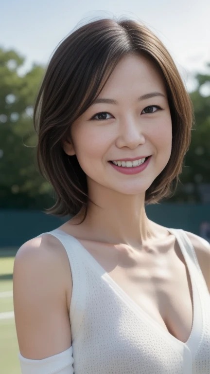 (8k、RAW Photos、Highest quality、masterpiece:1.2)、(Realistic、Realistic:1.37)、Ultra-high resolution、Photon Mapping、Physically Based Rendering、One Japan Married Woman、(Brunette:1.3)、Bob Hair、Detailed face、Detailed eyes、Are standing、Look at the viewers、(That little smile is cute, isn't it?:1.2)、(happiness)、Healing and cute、(tennis field:1.2)、(evening:1.2)、、Open Sports Jacket、White sleeveless、insufficient、(whole body:1.5)、Emphasize the chest