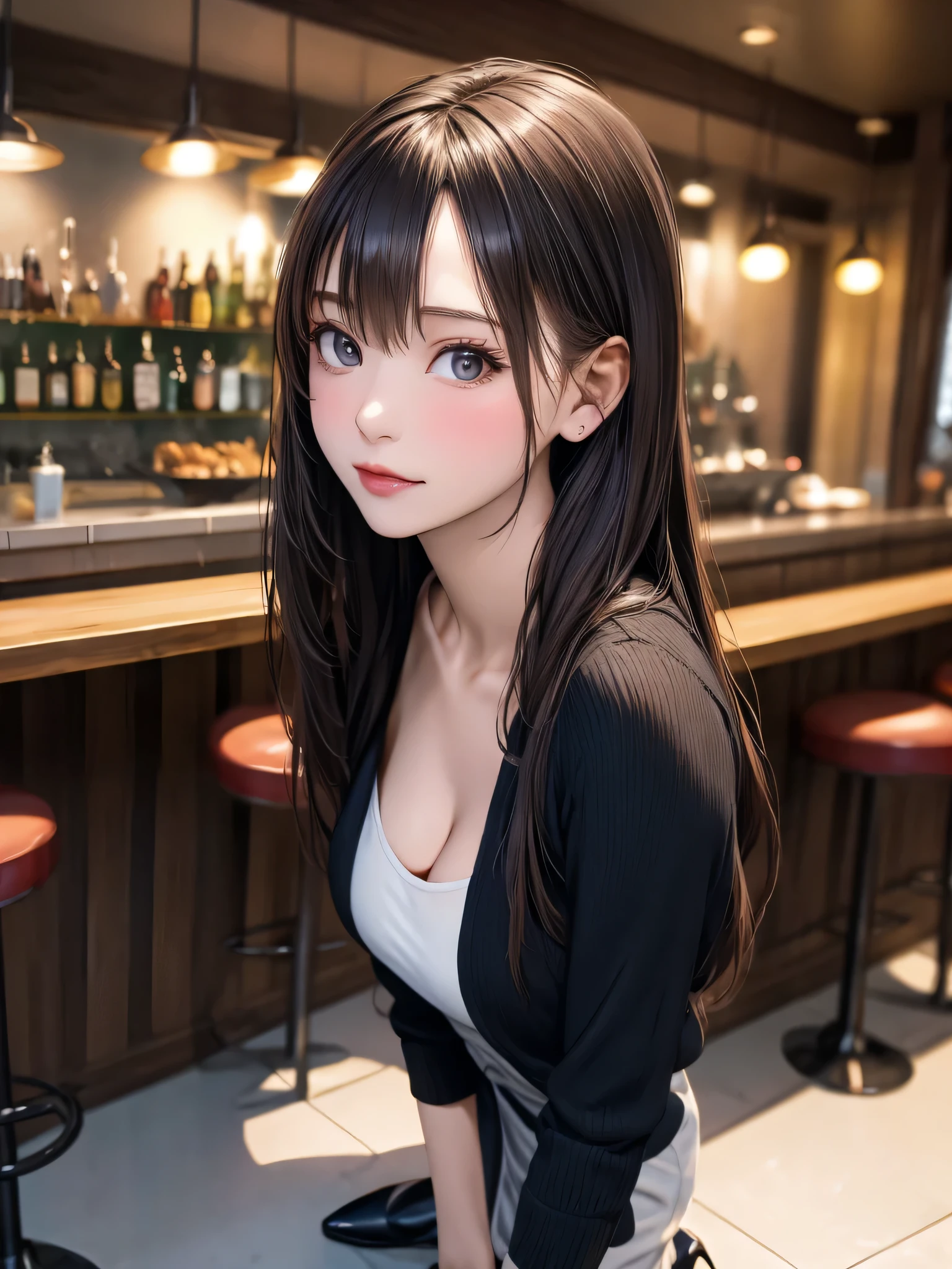 (masterpiece:1.3),(best quality, highest quality),((Full Body Shot,Including face)),4K,masterpiece,((Focus on the face)),((Symmetrical facial features)),Beautiful woman,(Slender),((High heels)),Detailed depiction of the face,In front of the bar counter,profile,Slenderな女性,Age 25,(((One cute woman))),((Focus on the whole body,Take a seat at the counter))