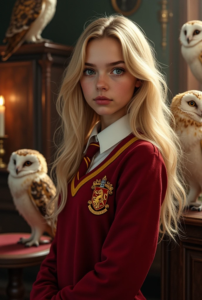 Portrait of a beautiful teenage student girl, blonde with gray eyes, dressed in the Gryffindor house uniform. Cozy room and owls
