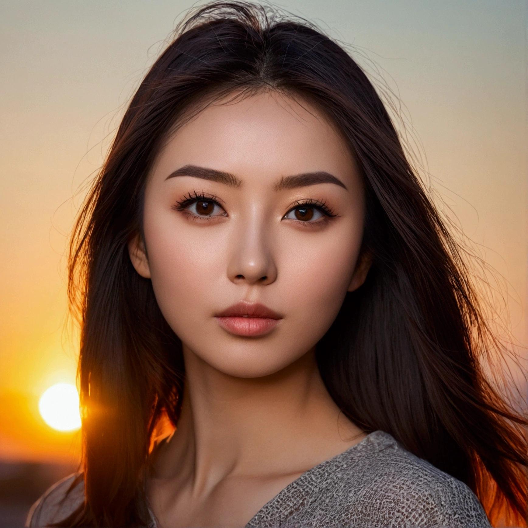 a beautiful woman with dark hair standing in front of the sun setting behind her, beautiful face, beautiful fine face features, beautiful face, beautiful japanese girls face, gorgeous face portrait, female face, portrait sophie mudd, very pretty face, beautiful girl, asian beautiful face, a beautiful 30-ish girl, beautiful portrait image, photography portrait 4 k, beautiful face portrait, very beautiful 30-ish woman, beautiful face, beautiful model girl, portrait of beautiful girl, beautiful girl portrait, soft portrait shot 8 k, 30 years old girl