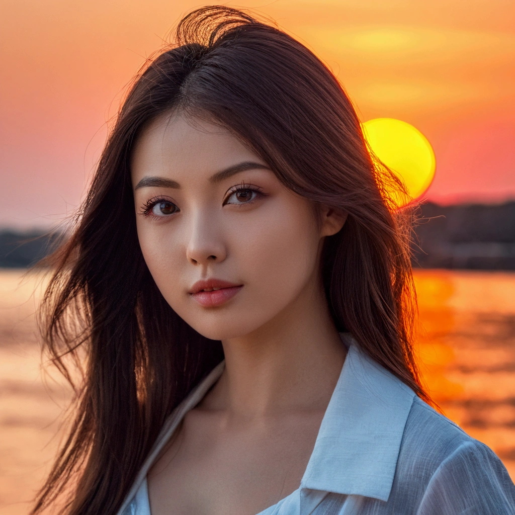 a beautiful woman with dark hair standing in front of the sun setting behind her, beautiful face, beautiful fine face features, beautiful face, beautiful japanese girls face, gorgeous face portrait, female face, portrait sophie mudd, very pretty face, beautiful girl, asian beautiful face, a beautiful 30-ish girl, beautiful portrait image, photography portrait 4 k, beautiful face portrait, very beautiful 30-ish woman, beautiful face, beautiful model girl, portrait of beautiful girl, beautiful girl portrait, soft portrait shot 8 k, 30 years old girl