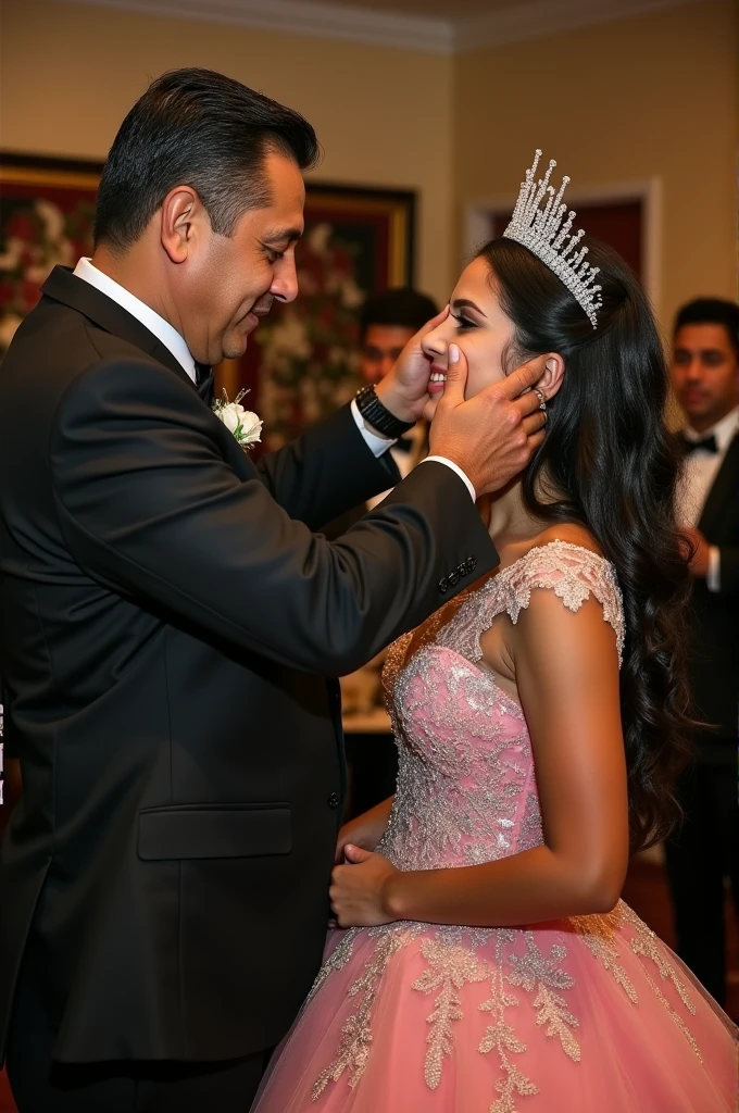 A photo of me wearing a quinceañera dress and my dad putting a crown on me.