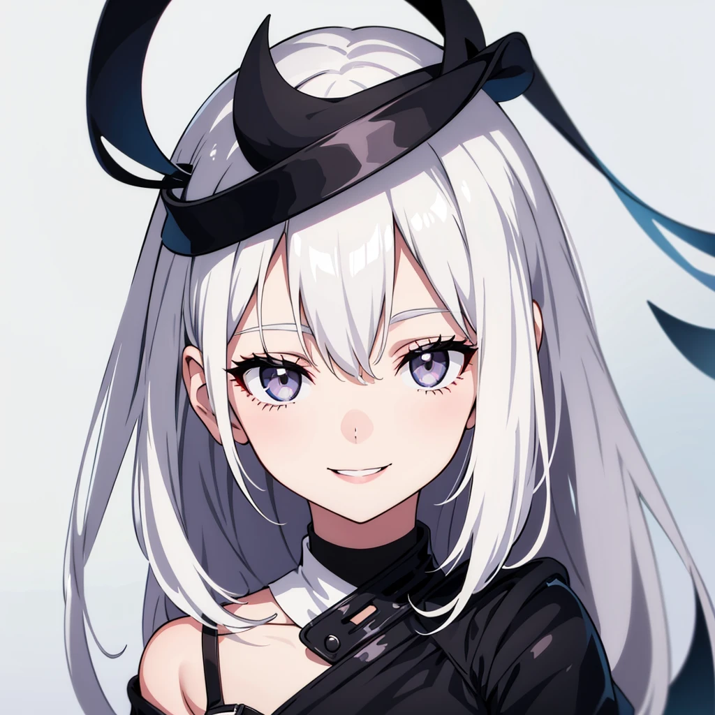 one girl, White hair, grey eyes, black lips, smiles sweetly, solid background