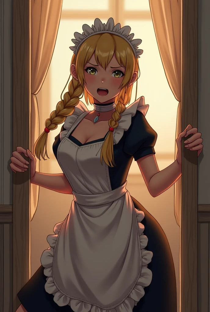masterpiece, best quality, hyper detailed, insanely detailed, exquisite, beautiful, house, excited, shy, embarrassed, looking away, bending over, legs closed, braids, blonde, tanned skin, maid, 20-year-old,nsfw