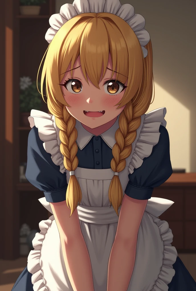 masterpiece, best quality, hyper detailed, insanely detailed, exquisite, beautiful, house, excited, shy, embarrassed, looking away, bending over, legs closed, braids, blonde, tanned skin, maid, 20-year-old,nsfw