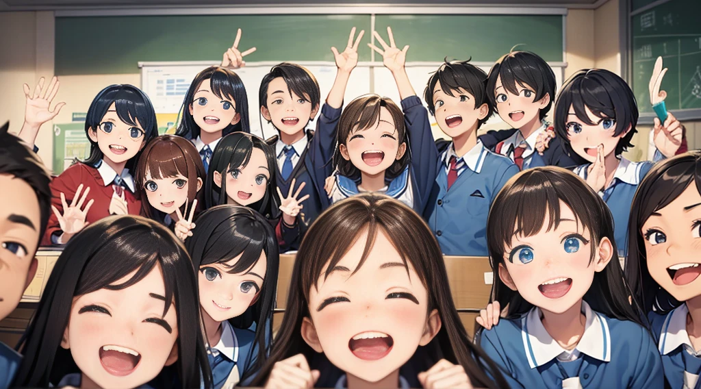 The background is a classroom。The boys and girls are laughing out loud with big, happy smiles.。