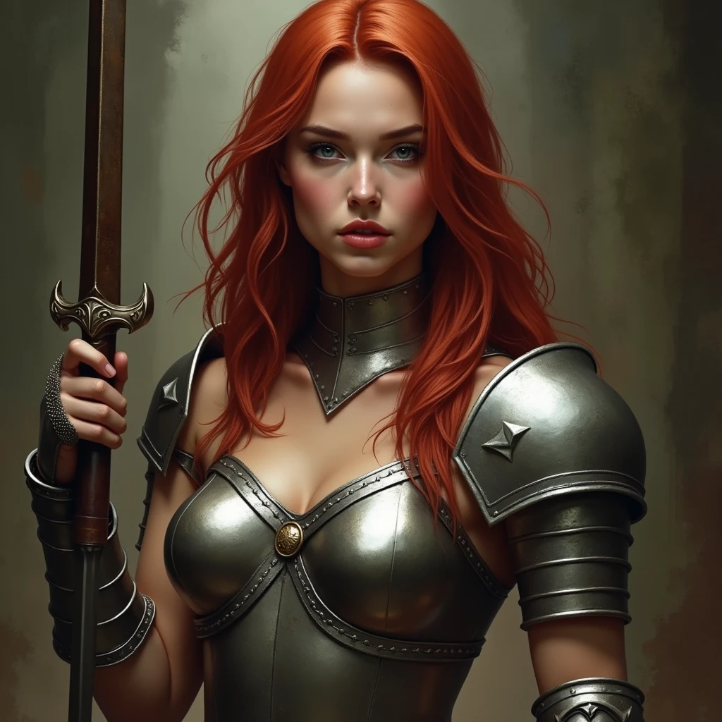 Amazons of Medieval Europe、Highly exposed、Partial metal armor、Red Hair、Sharp Eyes。Standing with a sabre。
