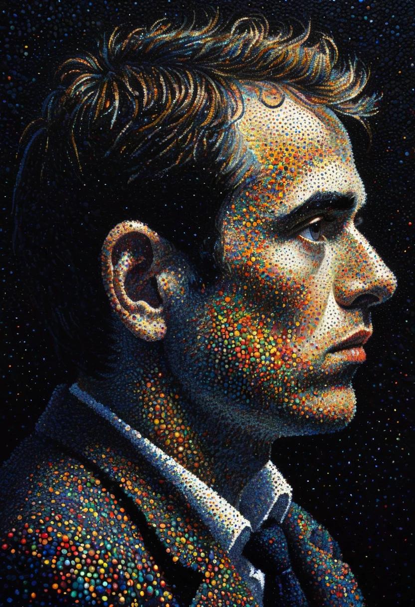 pointillism, a tormented genius contemplates the futility of things and concludes that everything is useless, micro dots representing blind spots, 8k, work of art, Brilliant composition, deep dark contrast, minimal use of colors