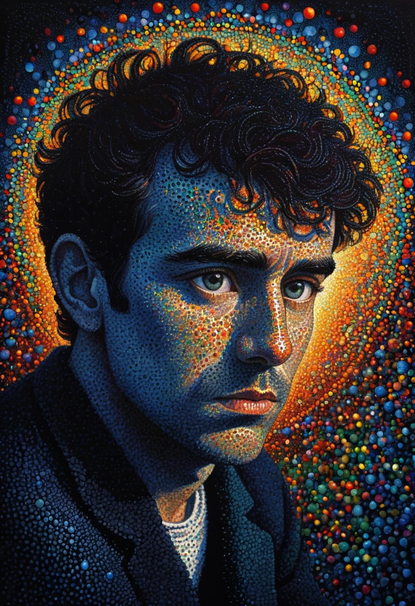 pointillism, a tormented genius contemplates the futility of things and concludes that everything is useless, micro dots representing blind spots, 8k, work of art, Brilliant composition, deep dark contrast, minimal use of colors