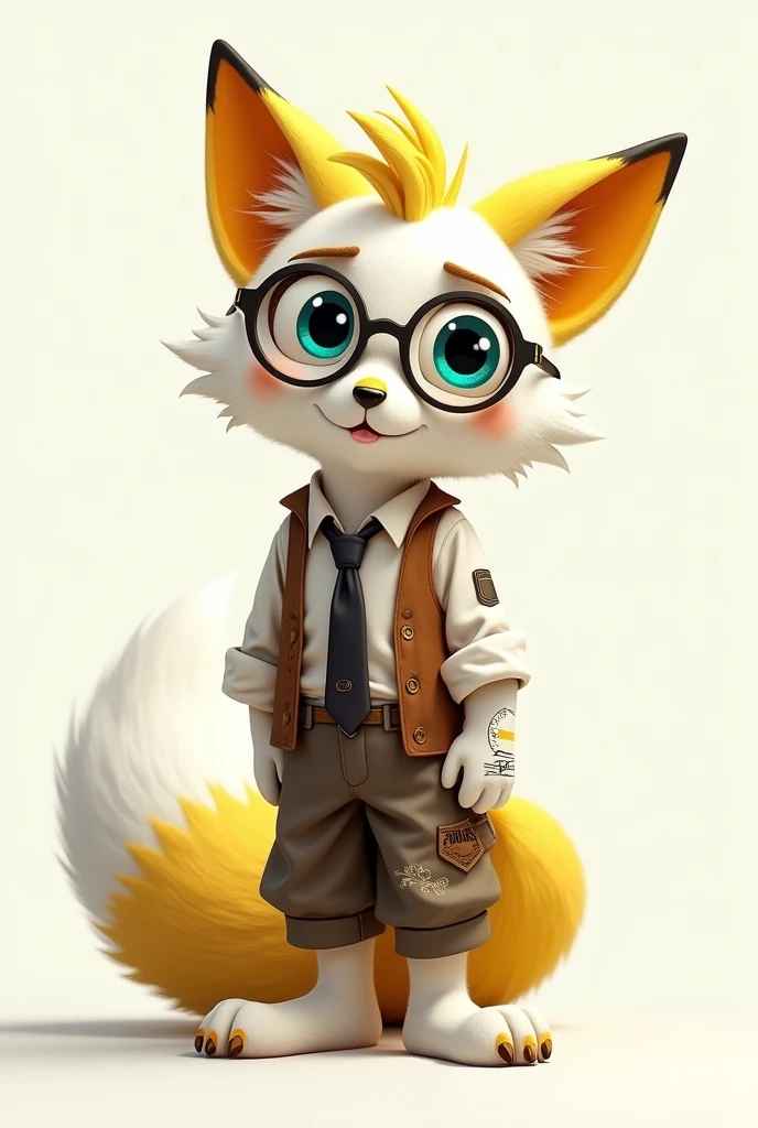 furry WHITE fox with bright yellow stripes, which run throughout the body. He has turquoise bangs., which ends just above the eyebrows, and bright yellow hair tips, tail and ears. He wears a white shirt with rolled up sleeves., brown button down vest and black tie. He also has patched trousers and bandaged paws.. Riff is a stylish and confident fox, who prefers freedom and is not embarrassed to walk barefoot. He looks extraordinary and attractive.. Riff wears round glasses with black frames., which gives him a smart and slightly mysterious look. The lenses of the glasses are white and the hair is a birch fringe with yellow tips.