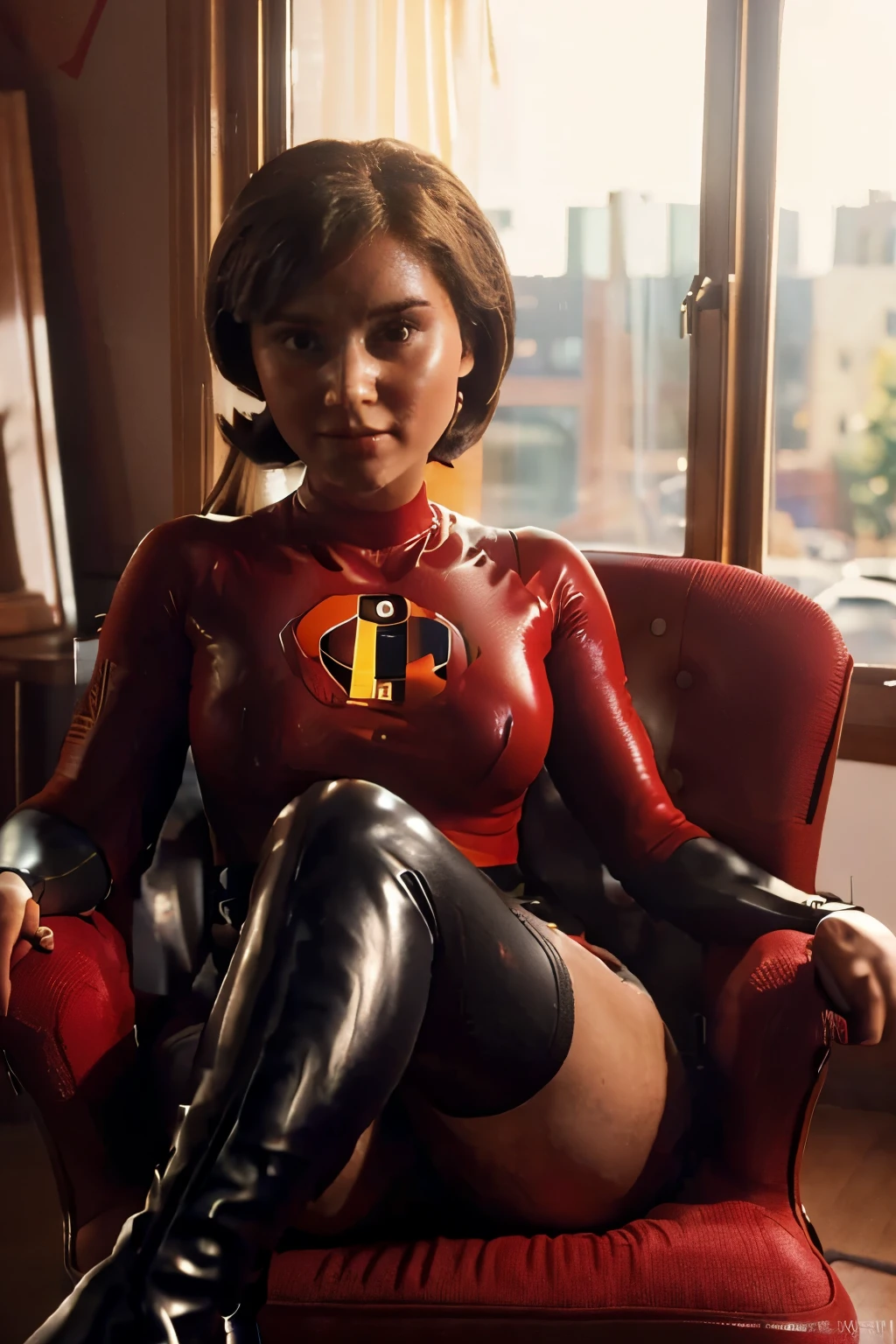 (AS-Younger AS-Youngest) Helen Parr, mask, red spandex suit, black boots sitting in a large comfy chair, 50s retro style living room (masterpiece:1.2) bright morning light coming through window (photorealistic:1.2) (bokeh) (best quality) (detailed skin:1.3) (intricate details) (8k) (cinematic lighting) (sharp focus) 