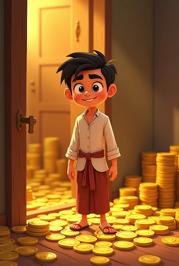 a picture of a cartoon of a man standing home in front of a bunch of coins, big budget movie scene, with many gold coins, cartoon still, trending on devianart, animation film still, vijay jayant props, 🪔 🎨;🌞🌄, children's cartoon, accurate depiction, by Jitish Kallat, wealth
