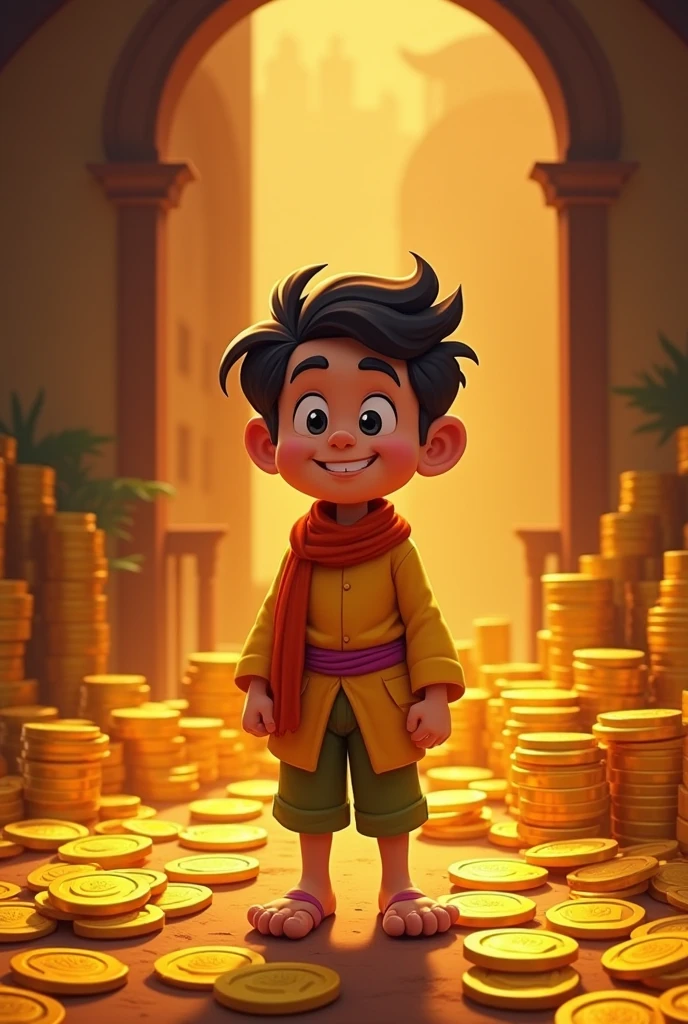 a picture of a cartoon of a man standing home in front of a bunch of coins, big budget movie scene, with many gold coins, cartoon still, trending on devianart, animation film still, vijay jayant props, 🪔 🎨;🌞🌄, children's cartoon, accurate depiction, by Jitish Kallat, wealth