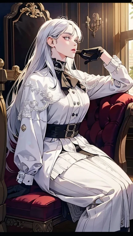 a determined victorian era woman, early 30's, scientist, white coat, white clothes, straight white hair, striking purple eyes, side-swept bangs, long black gloves, skirt, long black boots detailed realistic portrait, photorealistic, hyperrealistic, 8k, detailed clothing, beautiful detailed eyes, beautiful detailed lips, extremely detailed face, intricate ornate details, cinematic lighting, dramatic shadows, warm color tones, natural lighting, highly detailed, masterpiece, artstation, sharp focus, hyper detailed, full body
