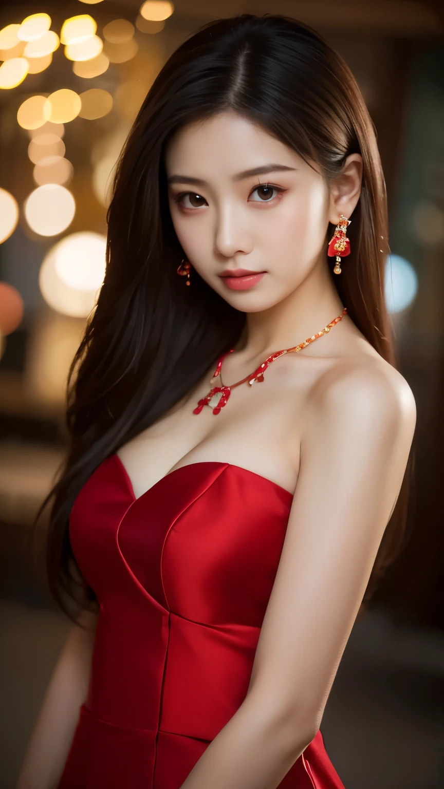 最high quality, masterpiece, high resolution, 1 girl, chinese hanfu,Chinese architect background, red scarf, headdress,necklace, bijouterie,beautiful face,furthermore_body, Tyndall effect,realistic, dark studio, rim lights, two tone lighting,(High definition skin:1.2), 8k words, digital single-lens reflex camera, soft lighting, high quality, volume lighting, candid, picture, high resolution, 4K, 8k, bokeh,Girl in a red dress