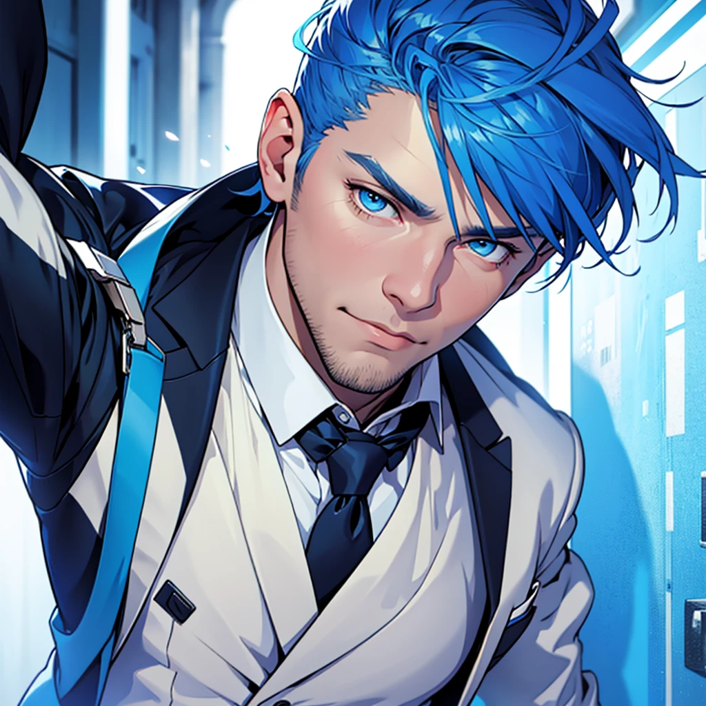 a middle aged man with blue hair and blue eyes in a suit with back ground of white room