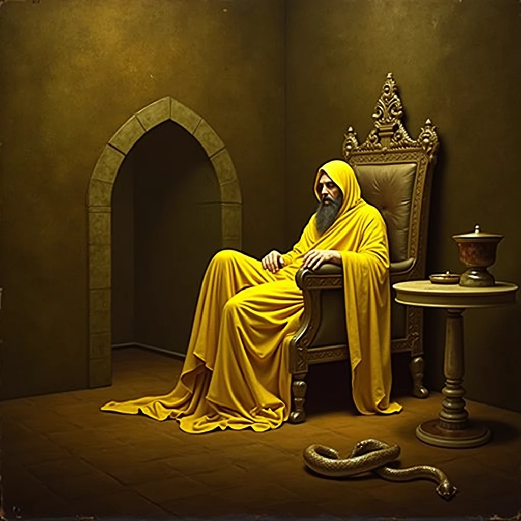 a painting of hastur the king in yellow, yellow-robed, king in yellow, hastur the king in yellow, , portrait of hastur the king in yellow, the king in yellow, painting of a man in a yellow robe sitting on a chair with a snake, hastur the king in yellow, hastur, lovecraft art, yellow-robed cultist, lovecraftian inspiration, king in yellow, inspired by Gustave Dore, old - school dark fantasy art