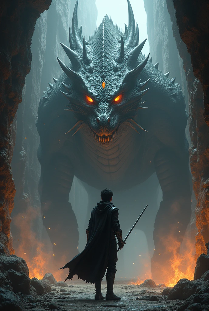 Create a image of a boy with black armour which is on One significant mission involved retrieving a powerful artifact from a fierce dragons lair. The dragon was a colossal beast with molten metal-like scales and ancient, malevolent eyes.
